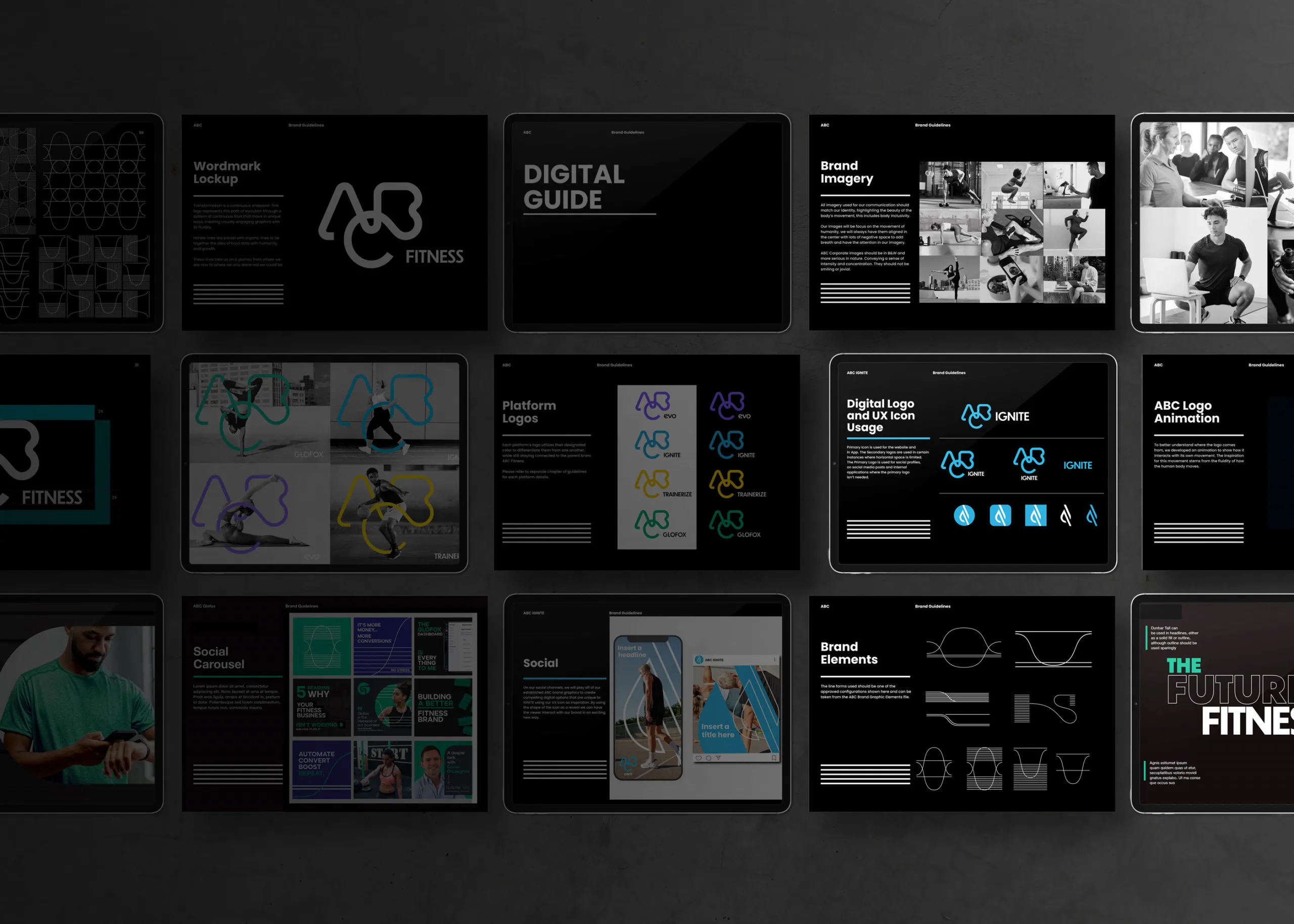 ABC Fitness master identity applied across the product family