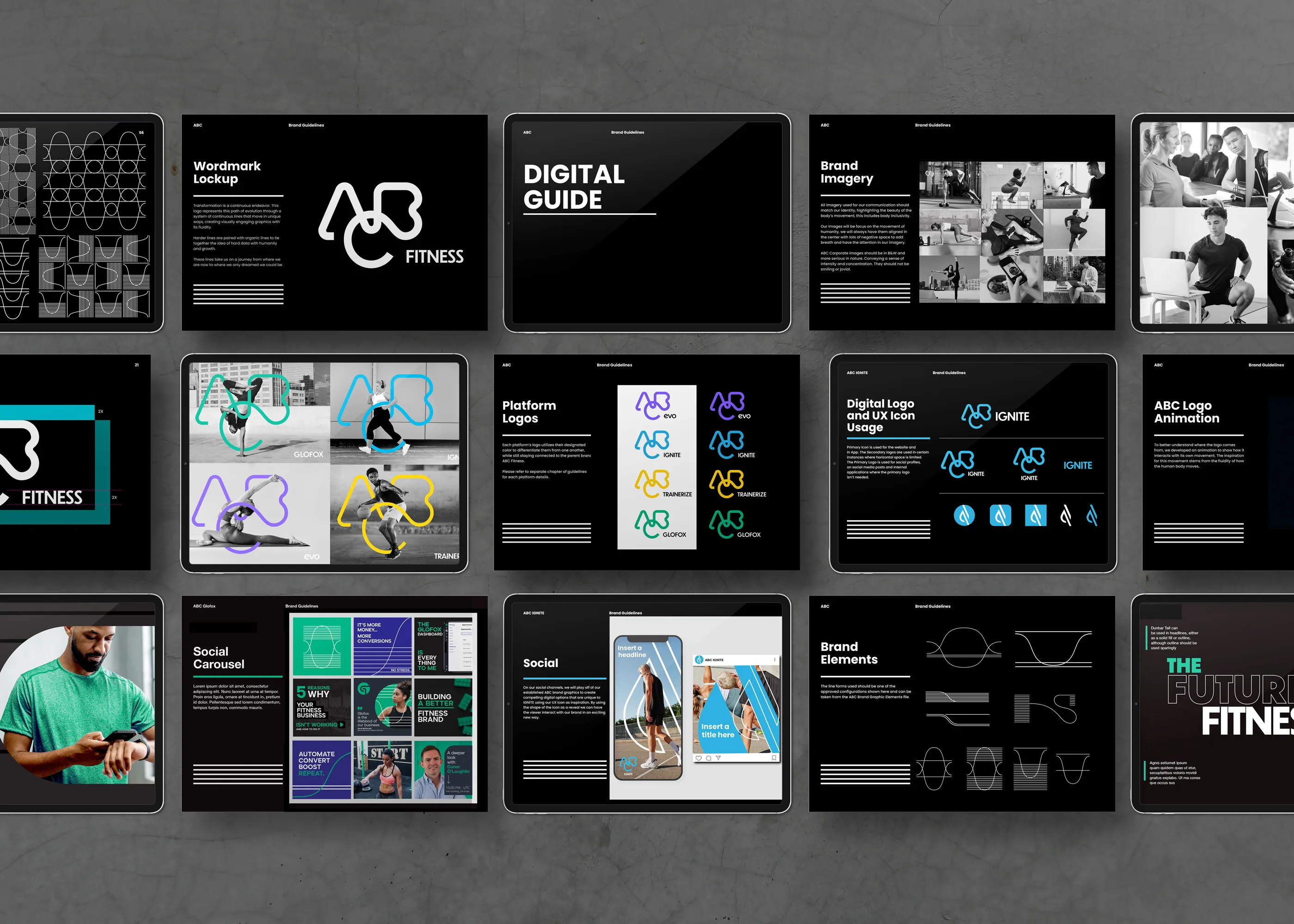 Brand imagery — athletes overlaid with the product symbols in their own colours