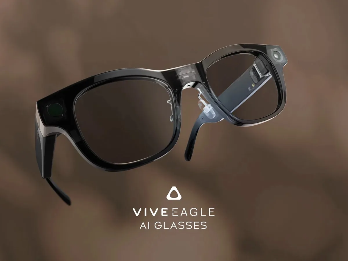 VIVE Eagle AI glasses shown three-quarter against a warm ground