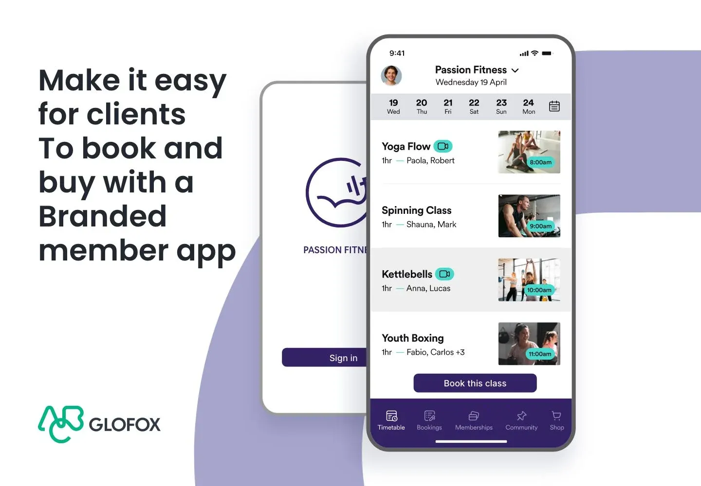 Glofox branded member app page