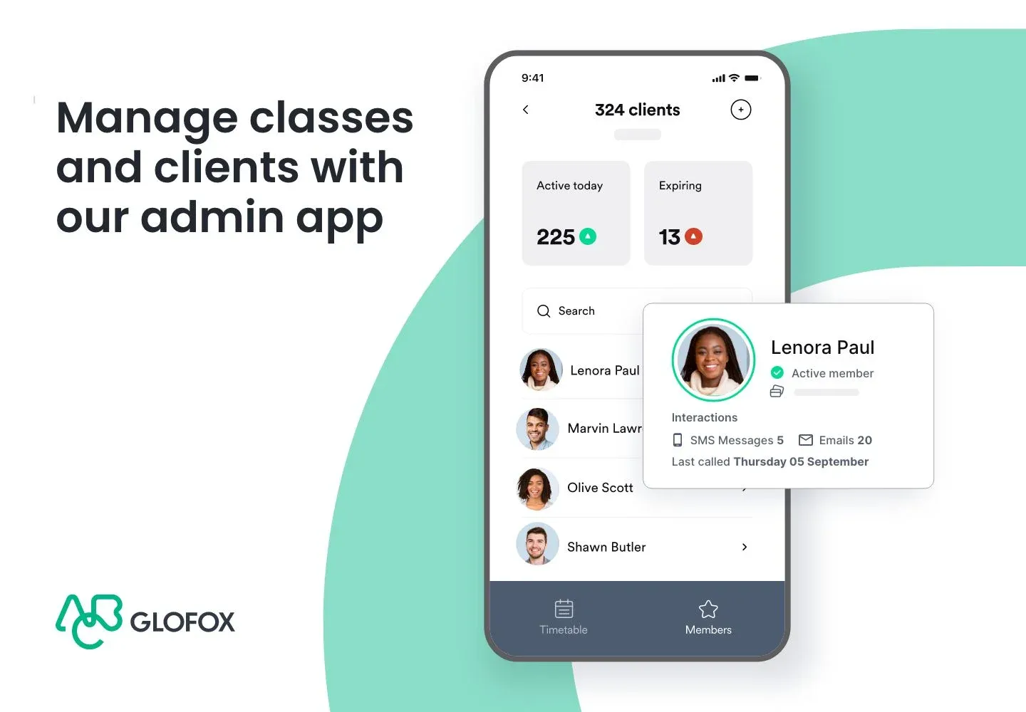 Glofox class and client management page
