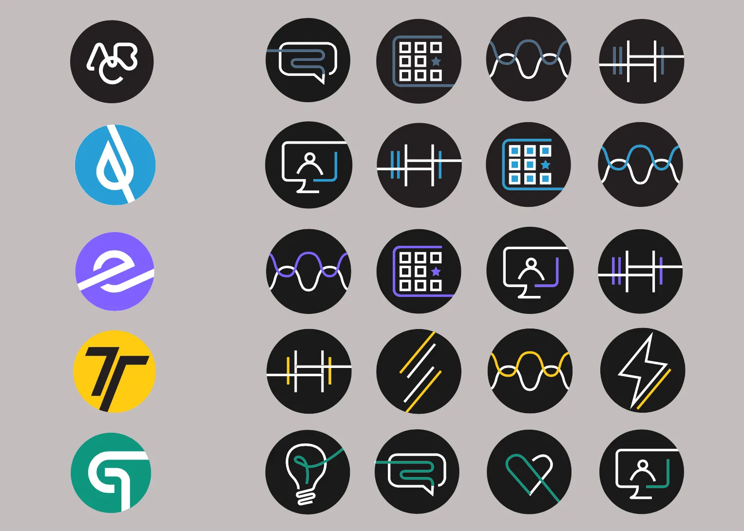 The icon system: five product symbols, each with its own set of interface icons drawn in the product's colour