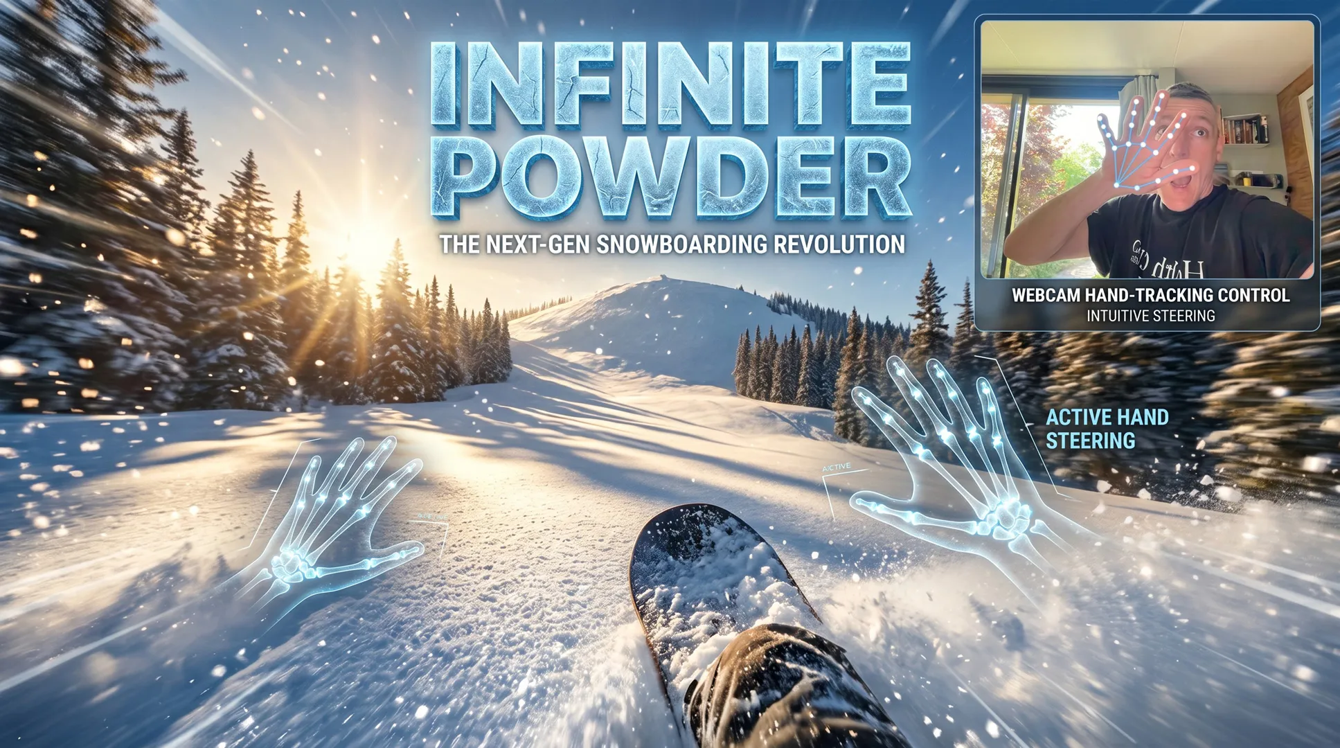 Infinite Powder key art — a rider carving through deep powder