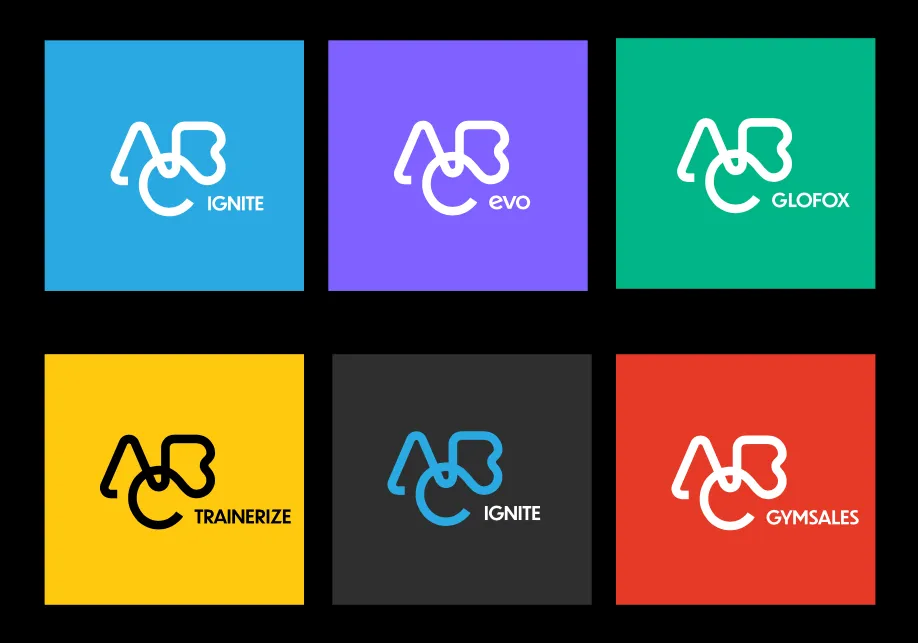 Six product lockups — ABC Ignite, evo, Glofox, Trainerize, Ignite and Gymsales — each pairing the same ABC master mark with its own product name and colour