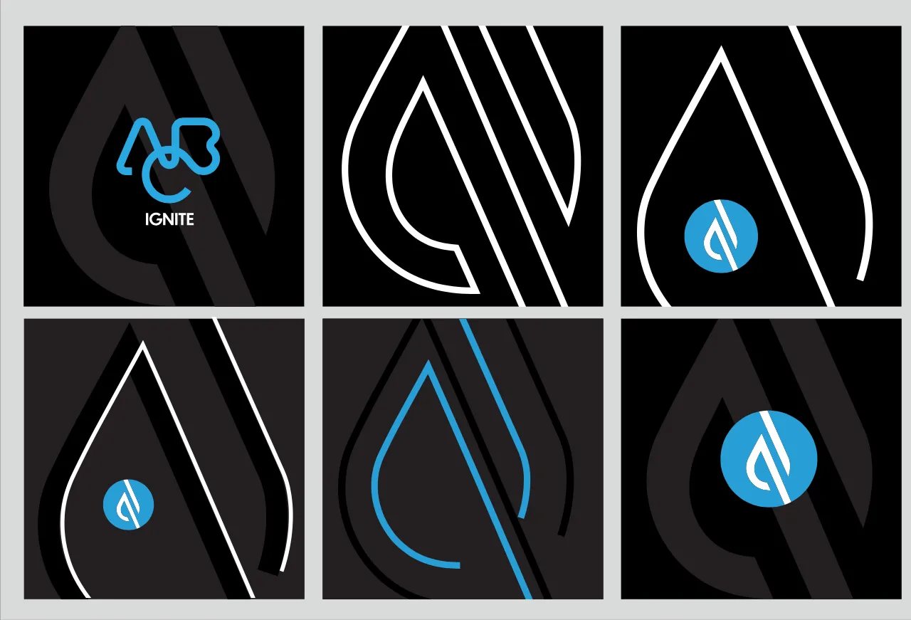 The ABC Ignite symbol derived from the master mark: six panels showing the drop form emerging from the ABC geometry