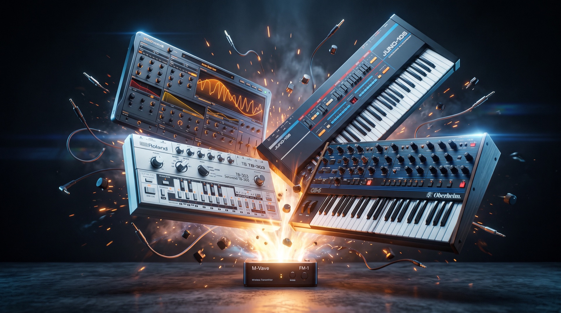 Four synthesizers bursting out of a tiny M-VAVE FM-1