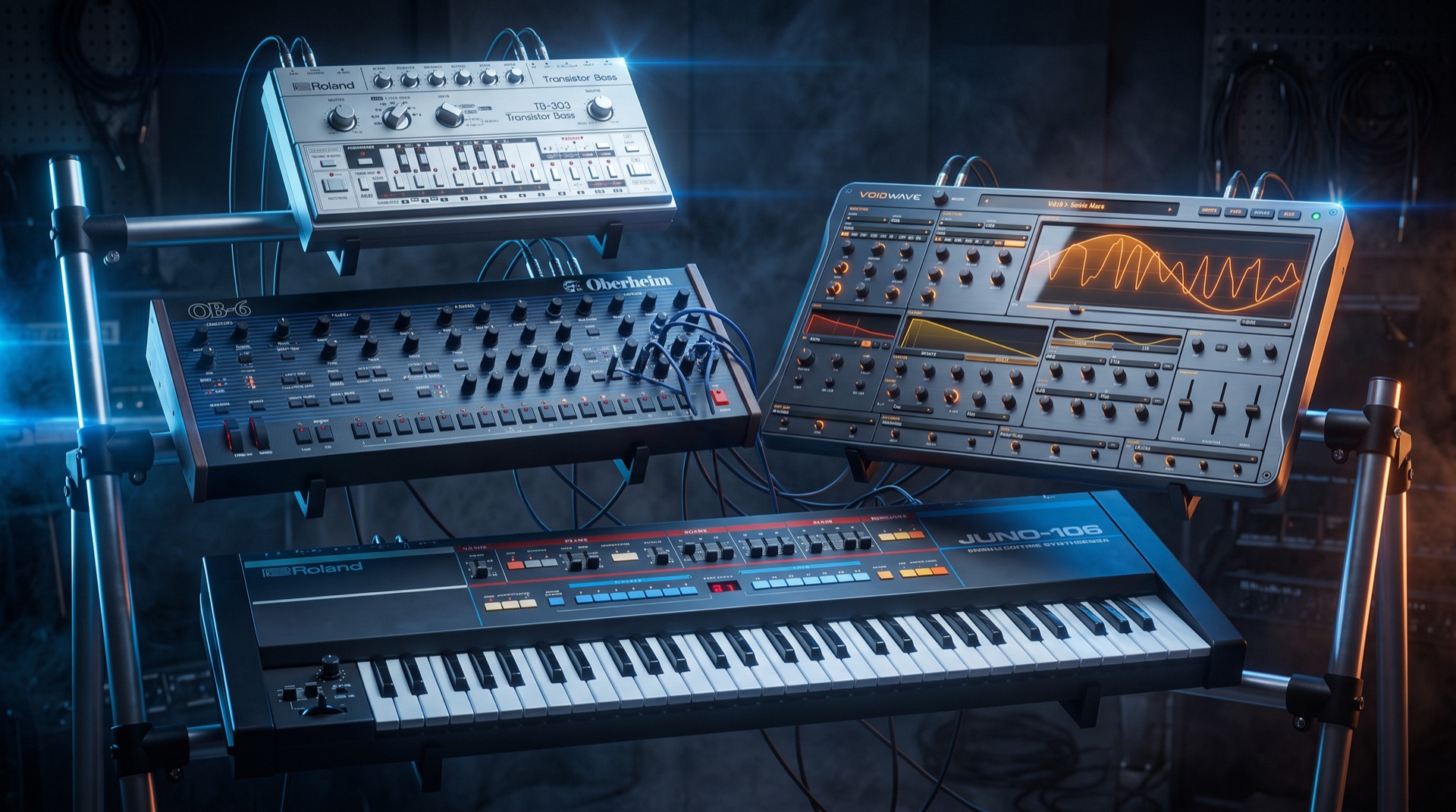 The four Switch Blade machines on a stage rig