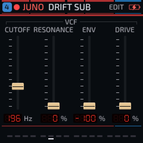 JUNO edit screen: four vertical faders with tan caps