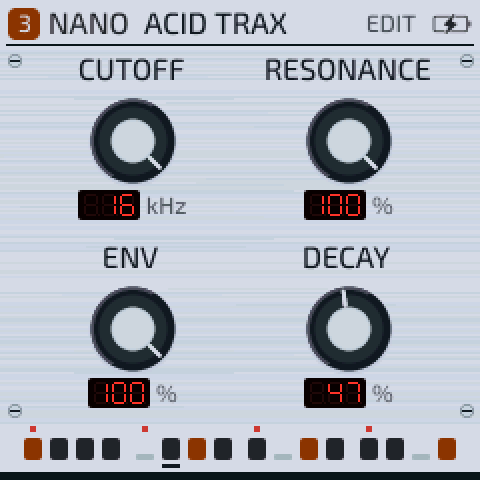NANO edit screen: brushed silver panel with skirted knobs and LED readouts
