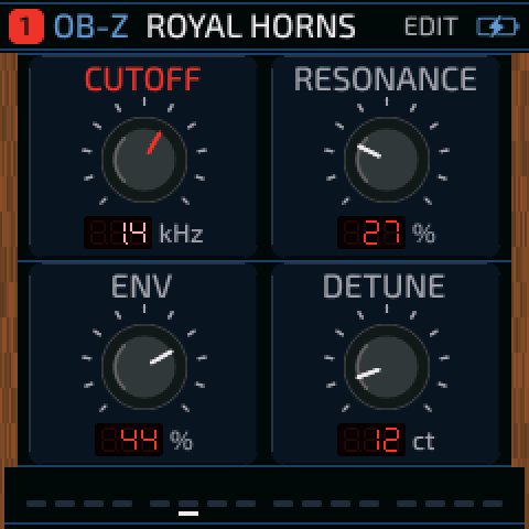 OB-Z edit screen: four black knobs between wood cheeks, LED readouts