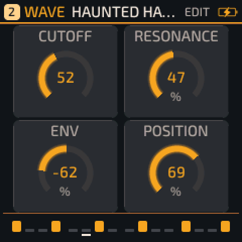 WAVE edit screen: glowing amber rings around four values